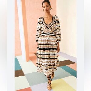 $895 Ulla Johnson Delfina Striped Crochet Cotton Tiered Maxi Dress Ecru Medium